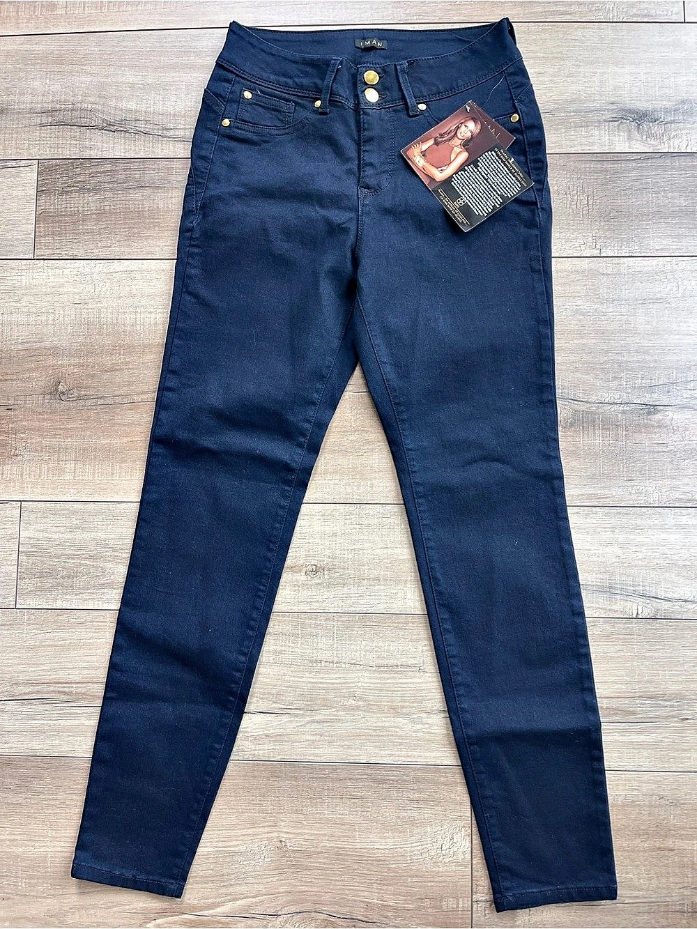 NWT IMAN Global Chic Pants Women’s 8 Navy Blue Stretch Slim Straight Gold Hardwa